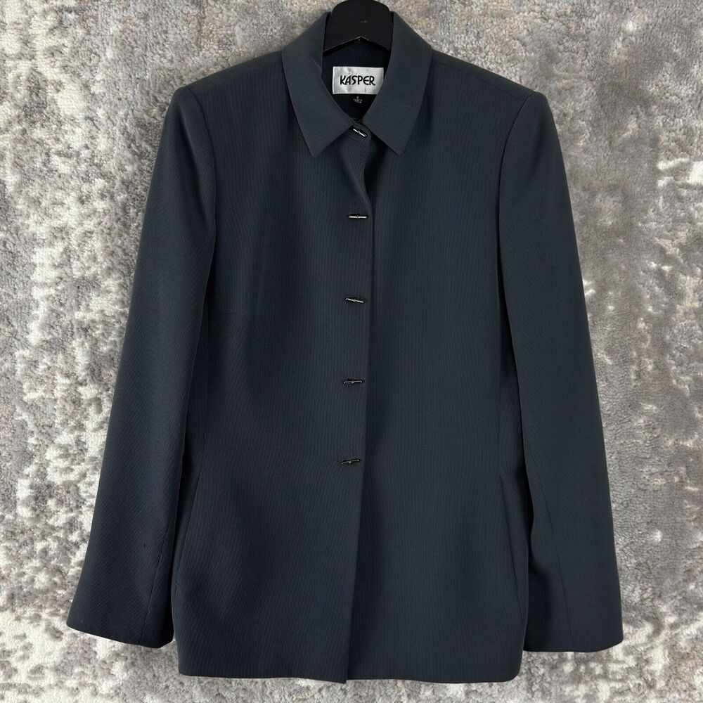 Kasper Size 4 Career Blazer Jacket Black Chains Long Sleeve Collar Lined
